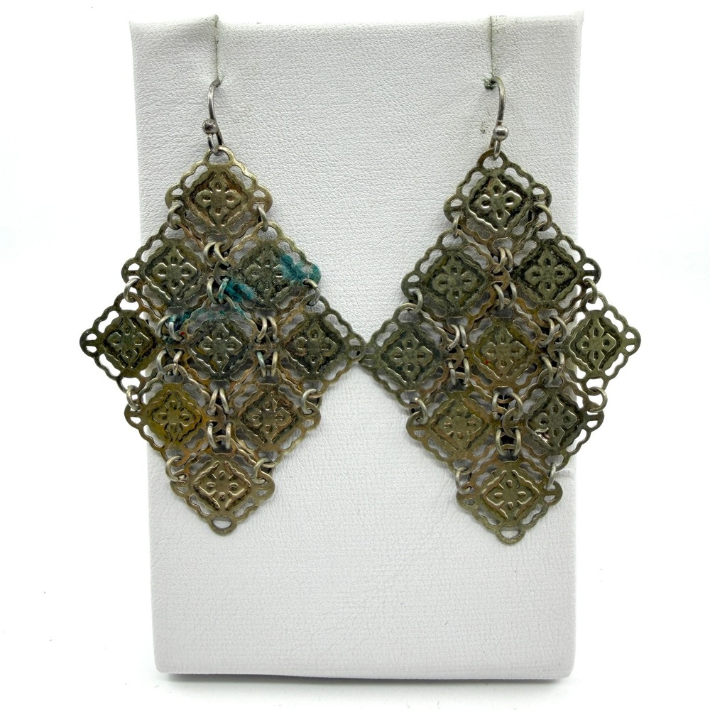 Boho Filigree Diamond Drop Earrings Gold Tone for Festival Layering